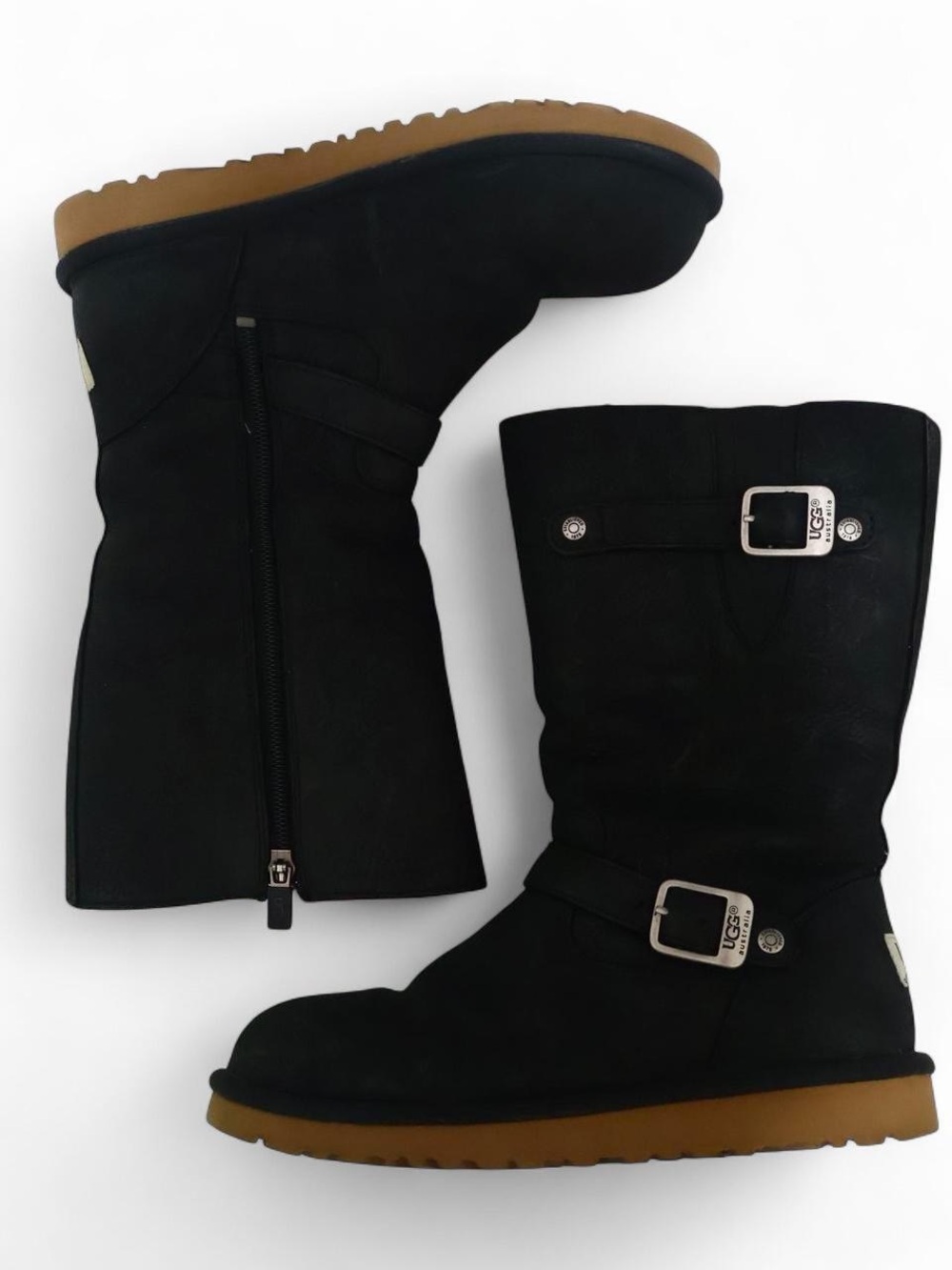 UGG Black Suede Mid-Calf Buckle Zip Boots